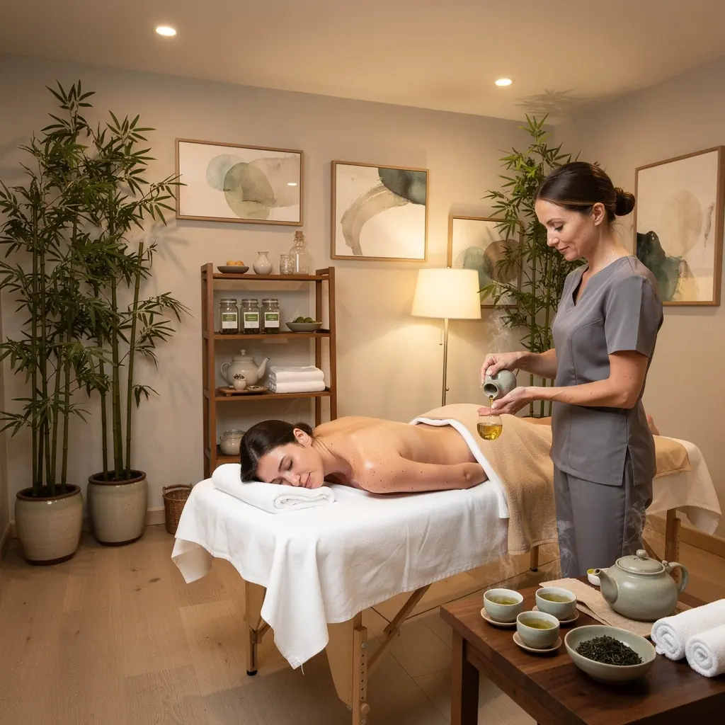 Moment de sГ©rГ©nitГ© avec une tasse de thГ© vert fumant en extГ©rieur