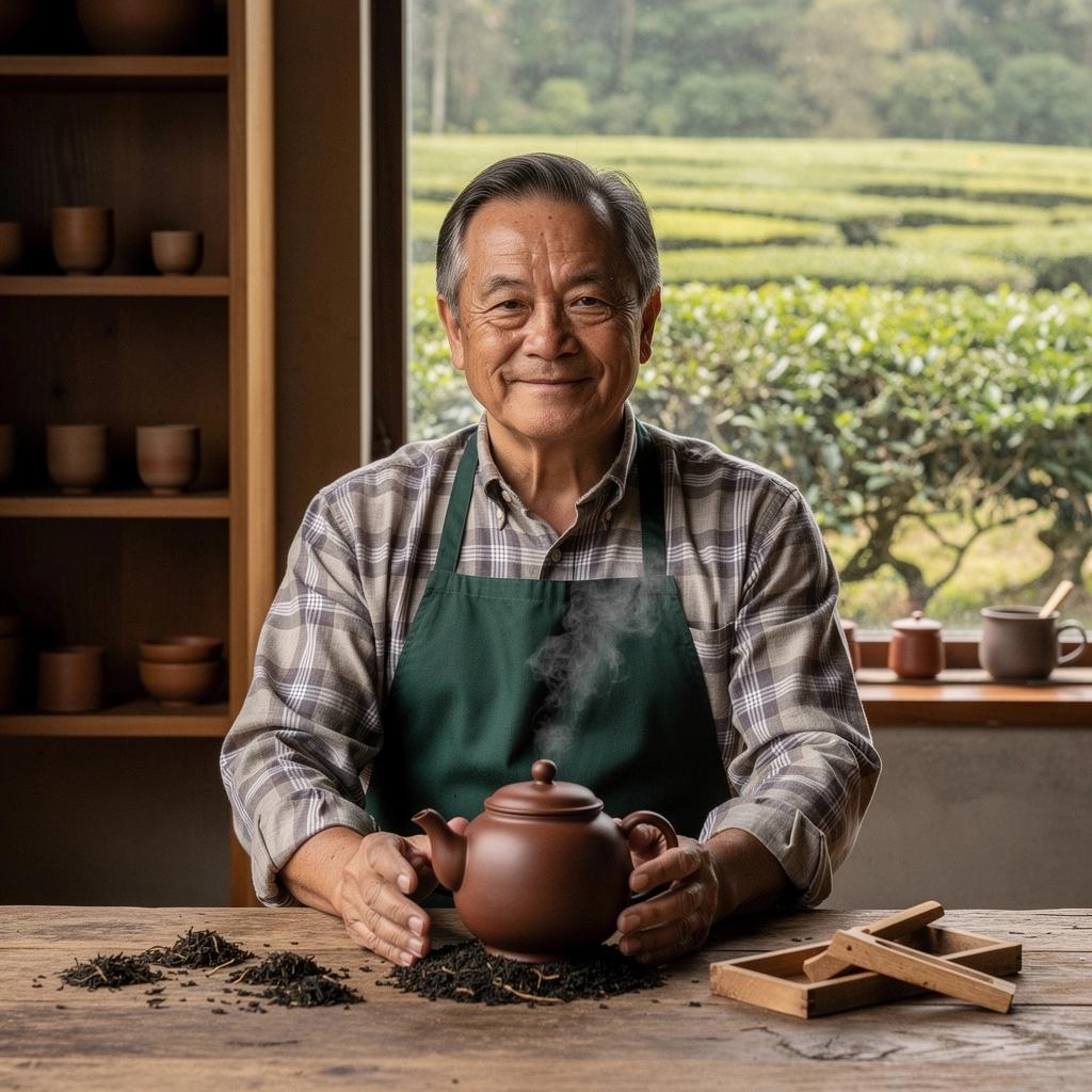 Scène de préparation du thé vert avec un artisan versant de l'eau chaude sur les feuilles.